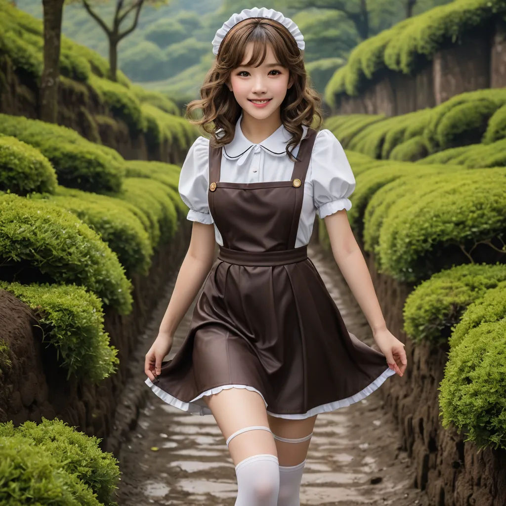 a girl in a brown dress and white socks is walking down a path in a garden with green bushes, arts and crafts movement, a stock photo, Alice Prin, kawaii