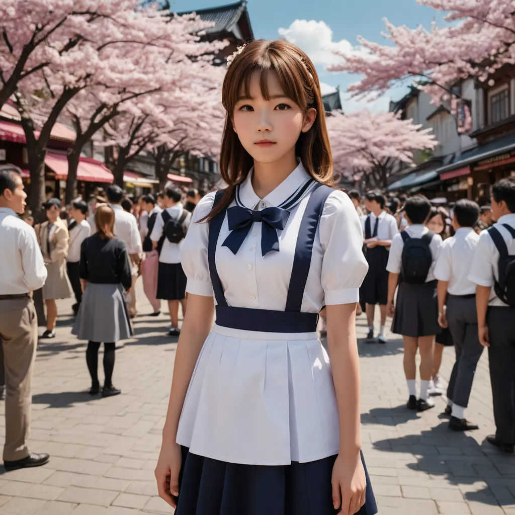 a woman in a school uniform standing in front of a crowd of people in a city square with cherry trees, aestheticism, a character portrait, Chen Jiru, movie still
