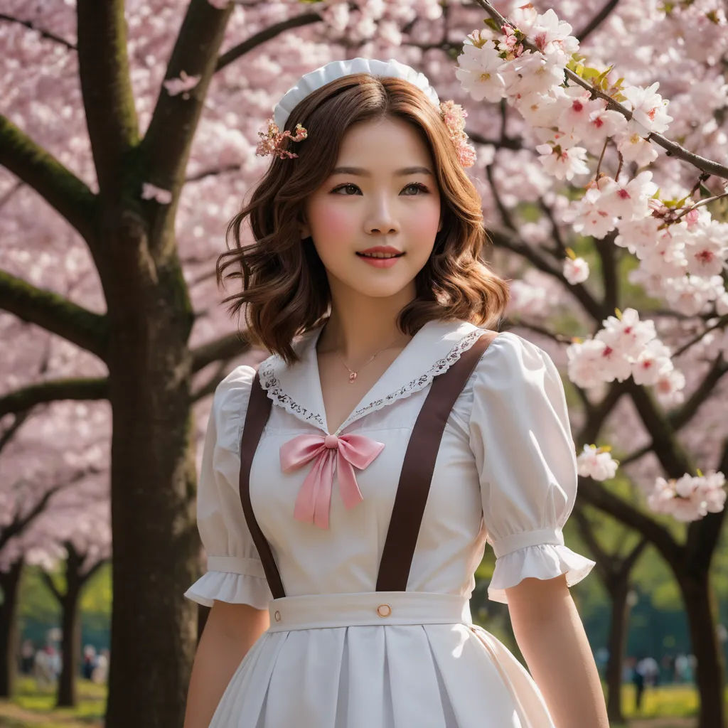 a woman in a white dress standing in front of a tree with pink flowers in bloom and a pink bow, rococo, a character portrait, Byeon Sang-byeok, kawaii