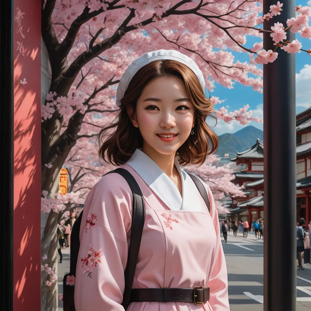a woman in a pink dress standing in front of a tree with pink flowers on it and a sky background, cloisonnism, a photorealistic painting, Artgerm, rossdraws global illumination