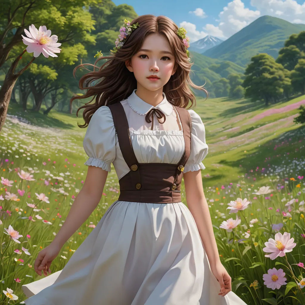 a painting of a woman in a dress walking through a field of flowers with a mountain in the background, fantasy art, a detailed painting, Chen Hong, rossdraws global illumination