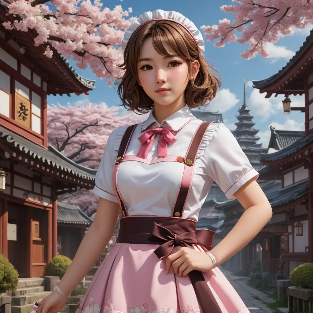 a woman in a pink dress standing in front of a building with cherry blossoms on it and a pink umbrella, fantasy art, a photorealistic painting, Artgerm, rossdraws global illumination