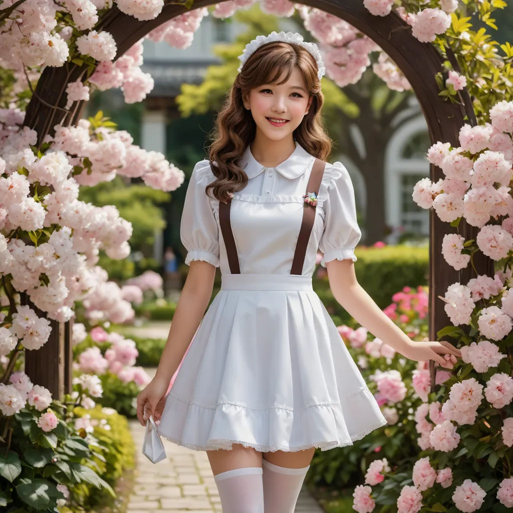 a woman in a white dress and suspenders posing for a picture in a garden with pink flowers and a archway, rococo, a statue, Alice Prin, kawaii