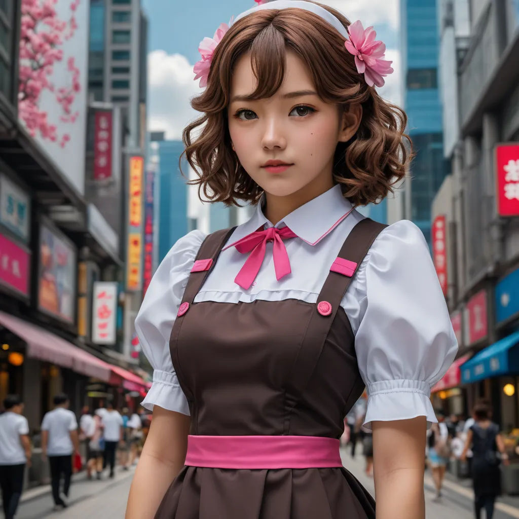 a woman in a dress and pink bow tie standing on a street corner in a city with tall buildings, rococo, a character portrait, Ayako Rokkaku, kawaii
