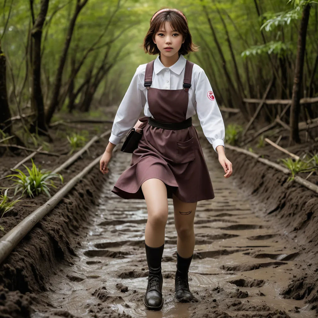 a woman in a brown dress and black boots walking through mud in a forest with trees and grass behind her, aestheticism, a character portrait, Chen Jiru, movie still