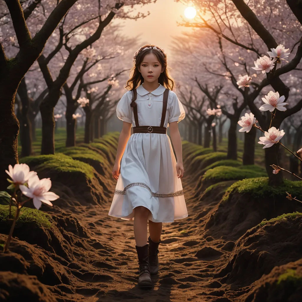 a young girl in a white dress walking through a field of flowers with a sun in the background and a pink blossom, magical realism, a detailed matte painting, Alice Prin, cinematic photography