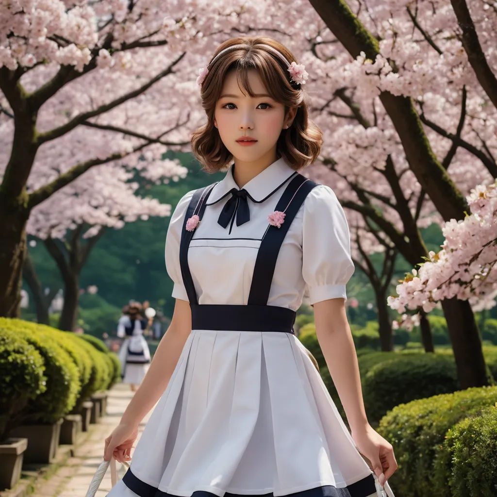a woman in a dress is walking down a path with cherry blossoms on the trees in the background,, aestheticism, a character portrait, Alice Prin, anime girl
