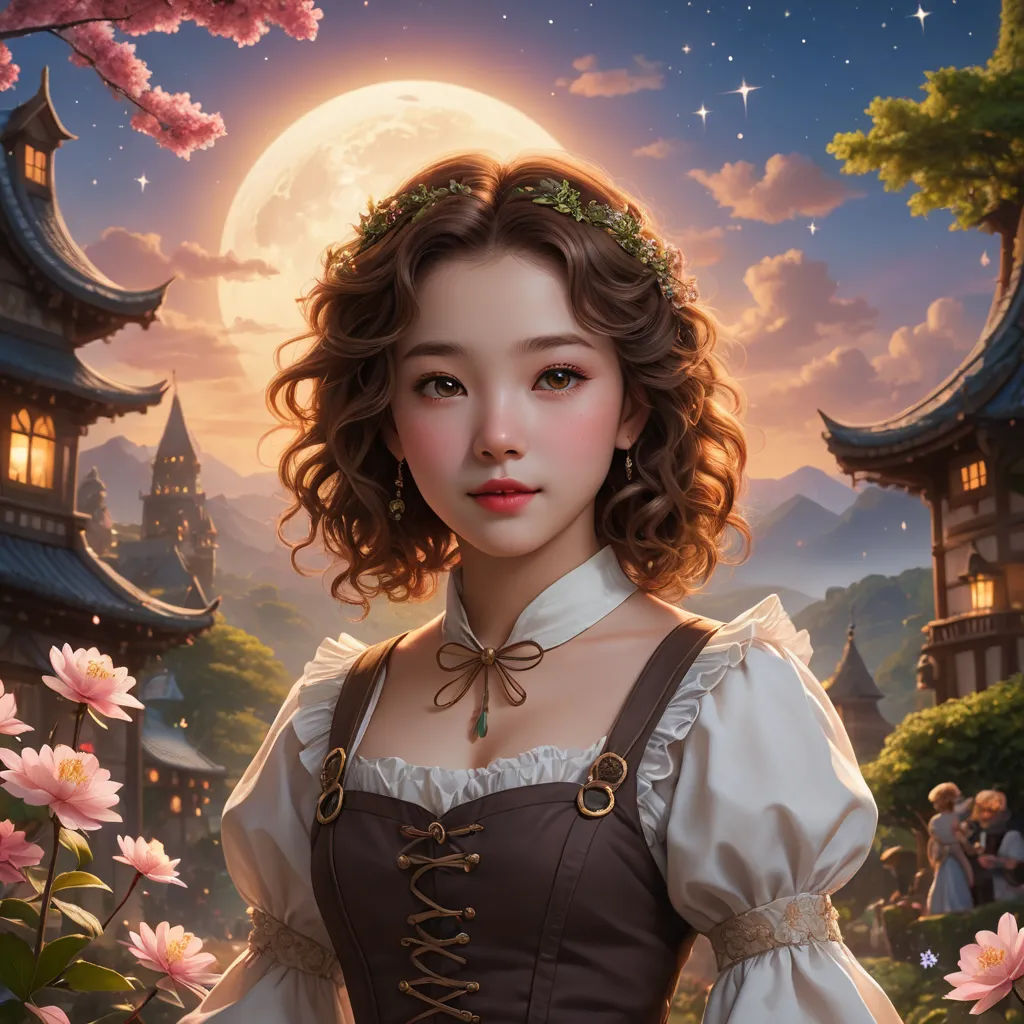 a painting of a woman in a dress standing in front of a full moon and flowers in a garden, fantasy art, a detailed painting, Chen Hong, rossdraws global illumination