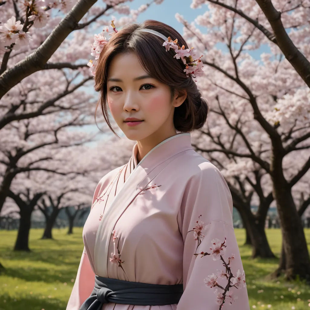 a woman in a pink kimono standing in front of a tree with pink flowers in bloom in a park, cloisonnism, a character portrait, Byeon Sang-byeok, sakimichan