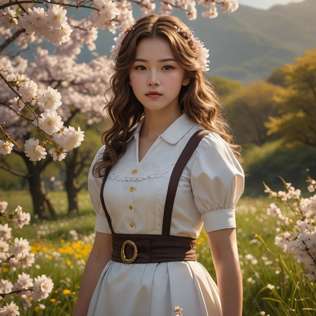 a woman in a white dress standing in a field of flowers with a tree in the background and a mountain in the background, neo-romanticism, a character portrait, Ayami Kojima, enchanting