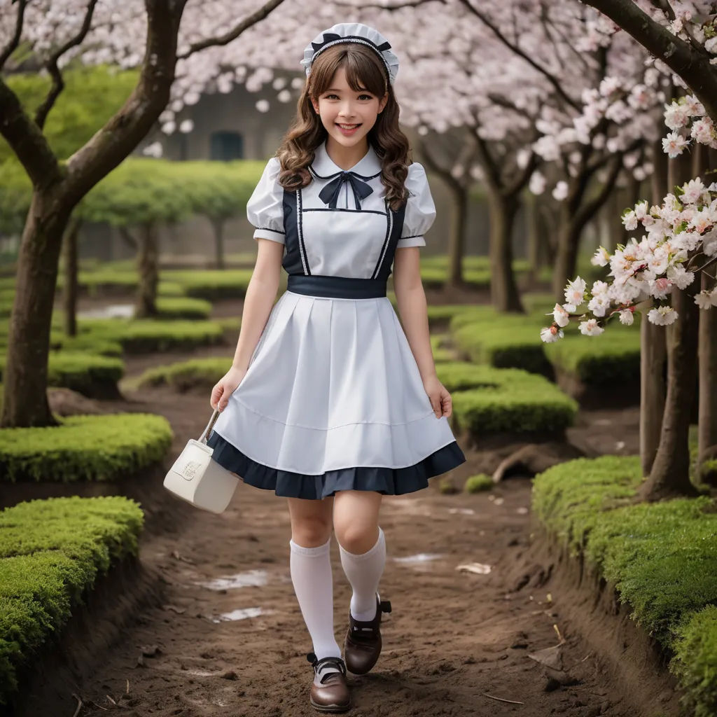 a girl in a dress and hat walking down a path in a garden with trees and flowers in bloom, kitsch movement, a character portrait, Alice Prin, kawaii