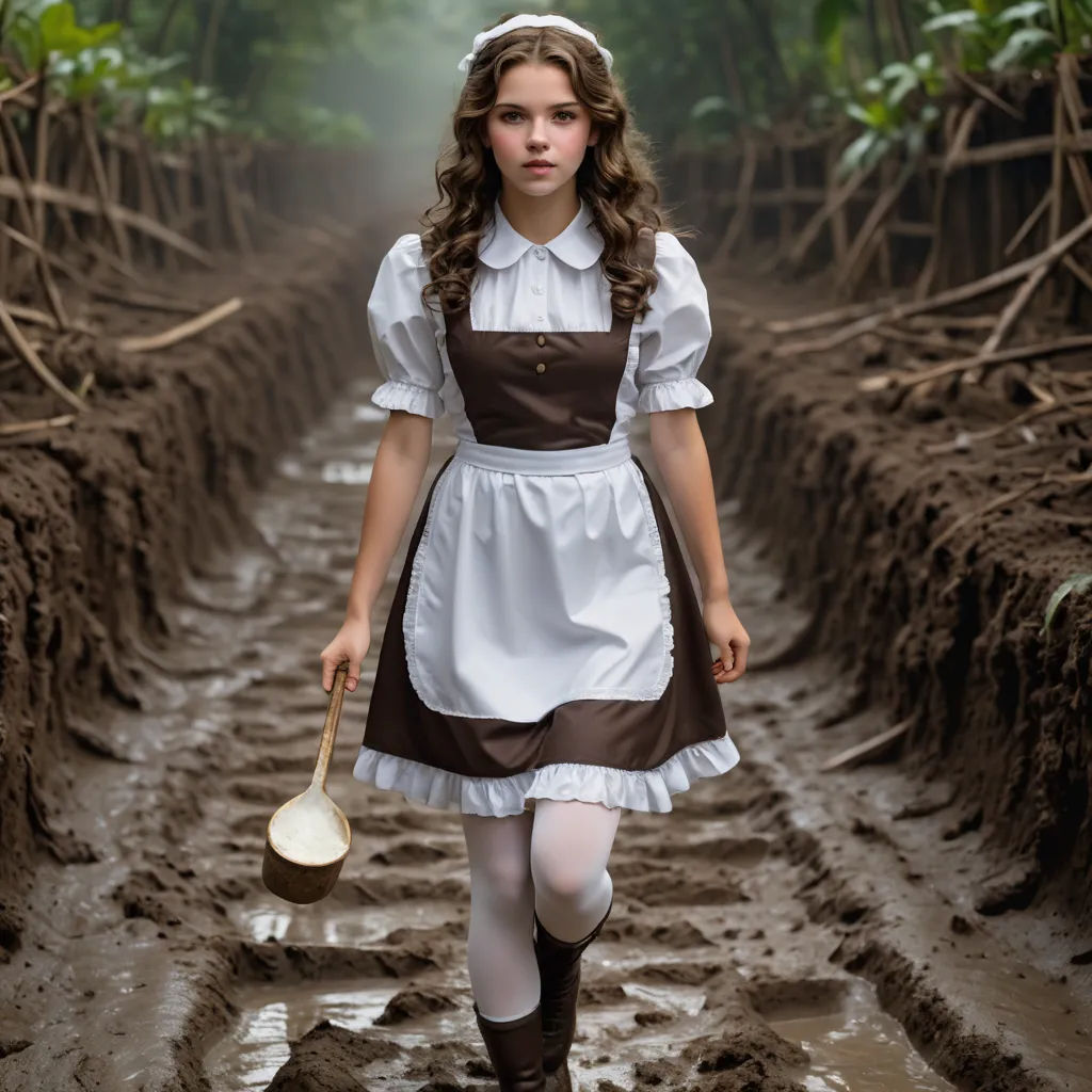 a girl in a dress walking through a muddy field with a bucket and a hat on her head and a wooden spoon in her hand, magical realism, a character portrait, Alice Prin, promotional image