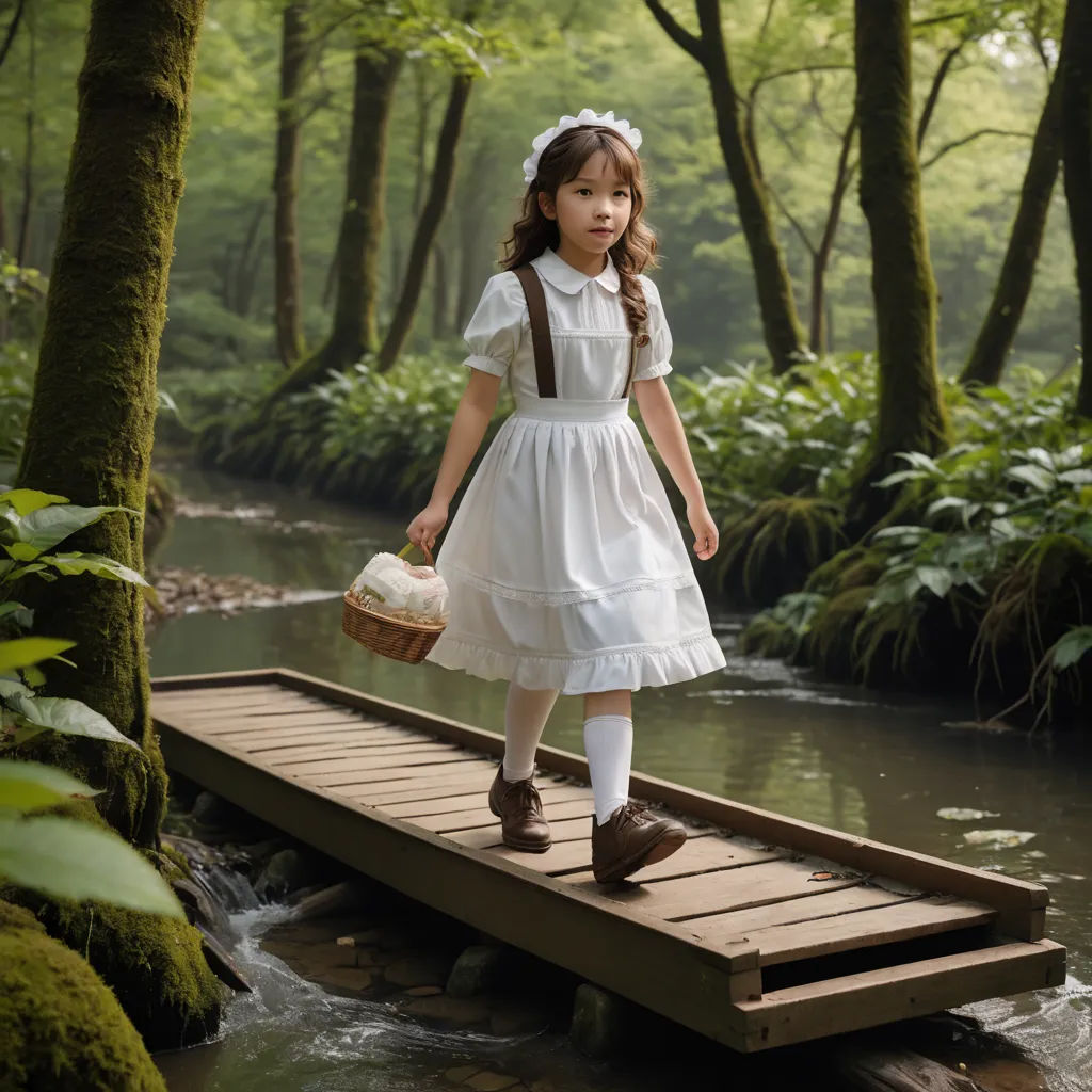 a little girl in a white dress is walking across a bridge in the woods with a basket of mushrooms, magical realism, a storybook illustration, Alice Prin, cinematic photography
