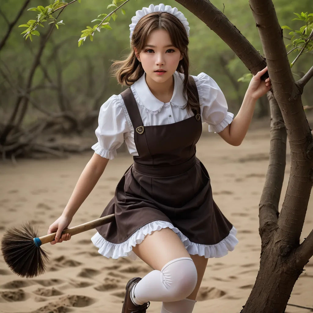 a woman in a brown dress holding a broom and leaning on a tree branch in the sand of a beach, neo-romanticism, a stock photo, Du Qiong, sakimi chan