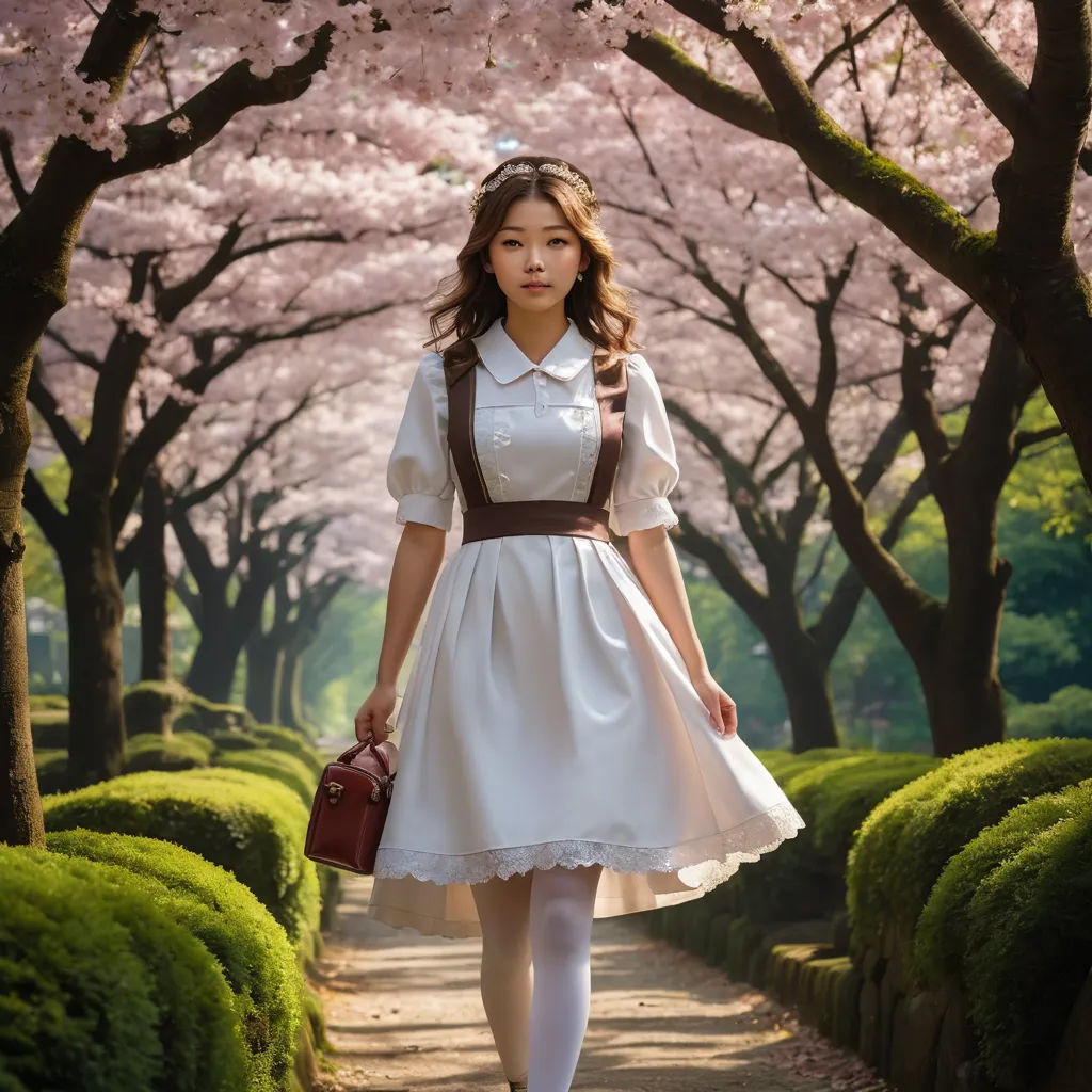 a woman in a white dress walking down a path with trees in the background and a red purse in her hand, magical realism, a storybook illustration, Alice Prin, cinematic photography
