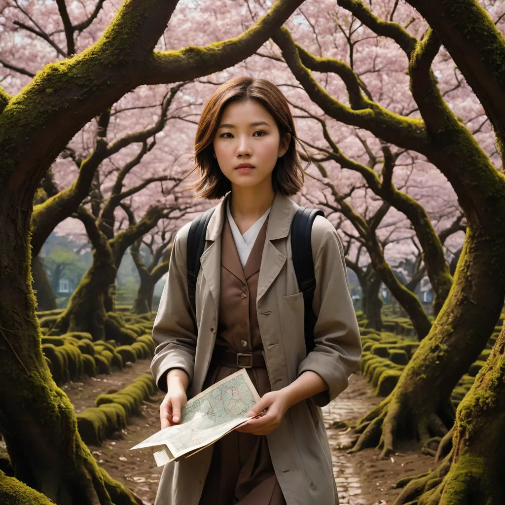 a woman in a trench coat is holding a map in a forest of trees with pink flowers on them, cloisonnism, a poster, Chen Jiru, promotional image