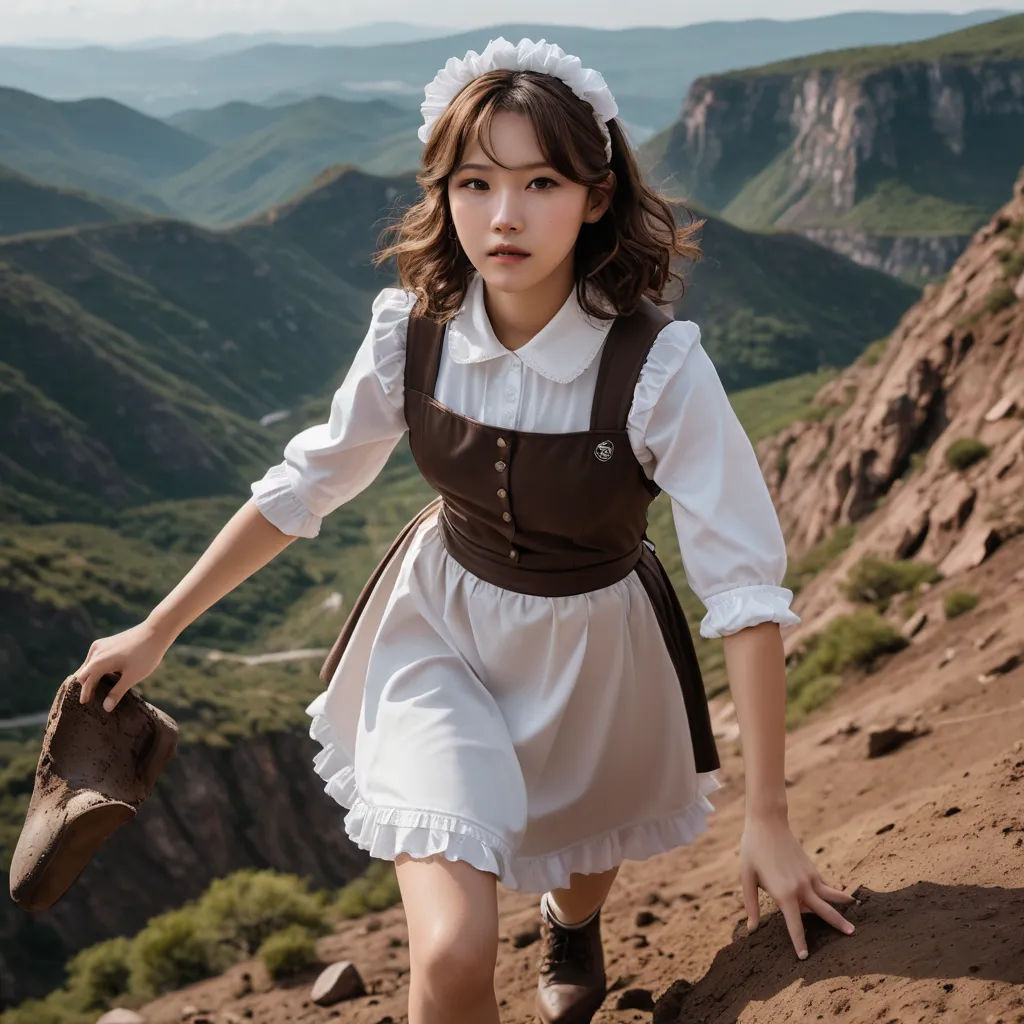 a girl in a dress is walking on a mountain side with a hat on her head and a glove in her hand, neo-romanticism, an album cover, Du Qiong, promotional image