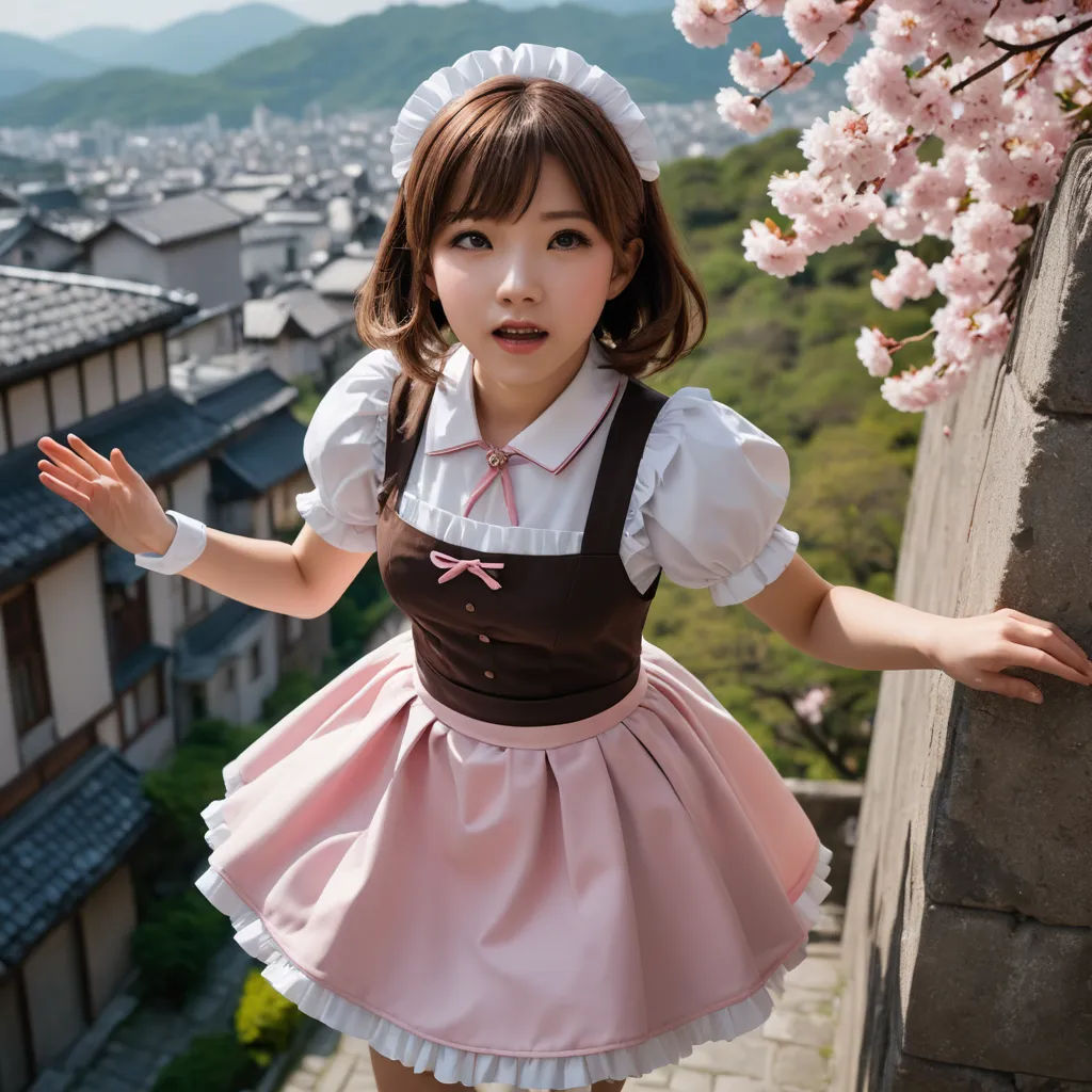a young girl dressed in a pink and brown outfit standing on a ledge with cherry blossoms in the background, kitsch movement, a stock photo, Du Qiong, kawaii
