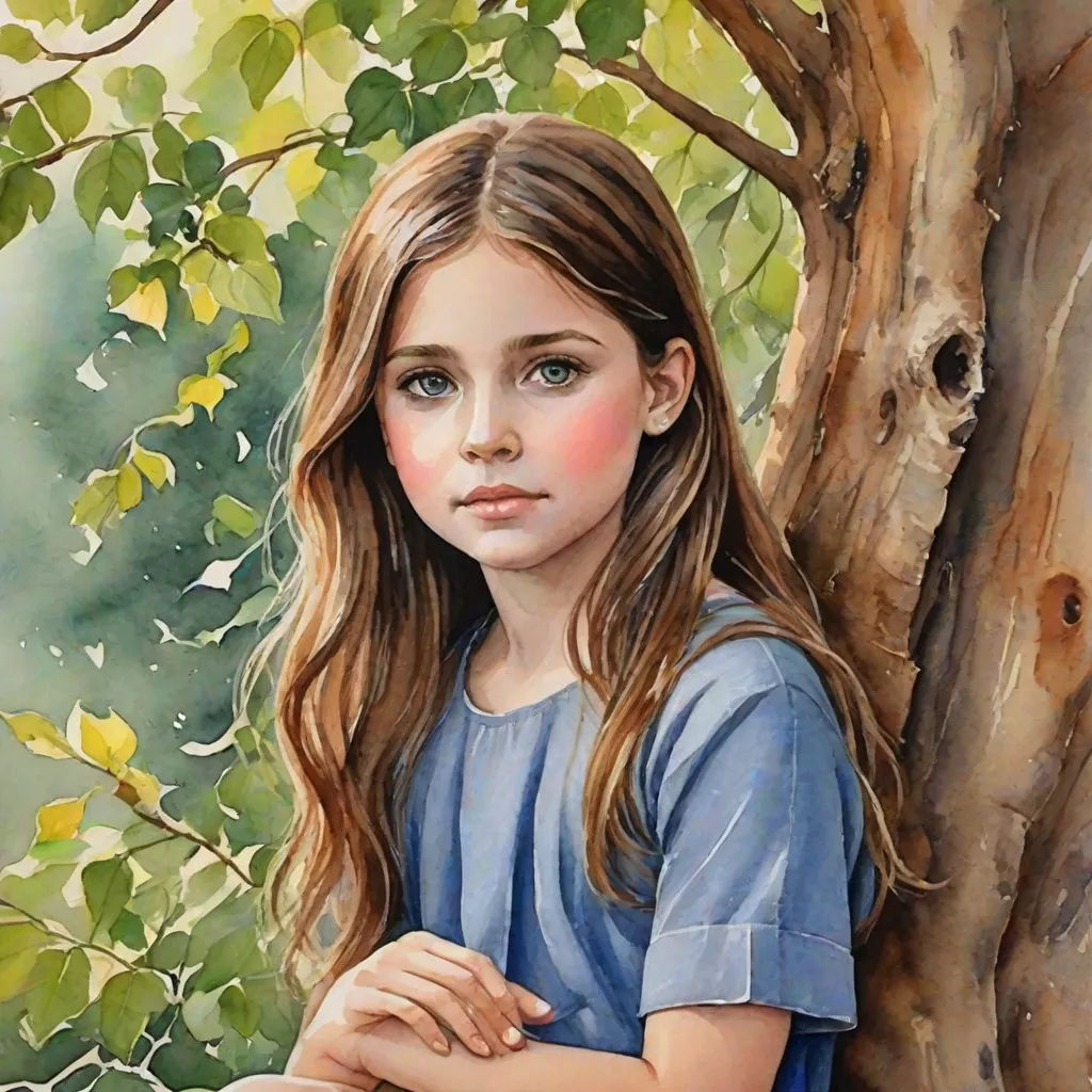 a painting of a girl sitting on a bench next to a tree with leaves on it and a bird perched on the branch, figurative art, a detailed painting, Caroline Lucy Scott, detailed painting