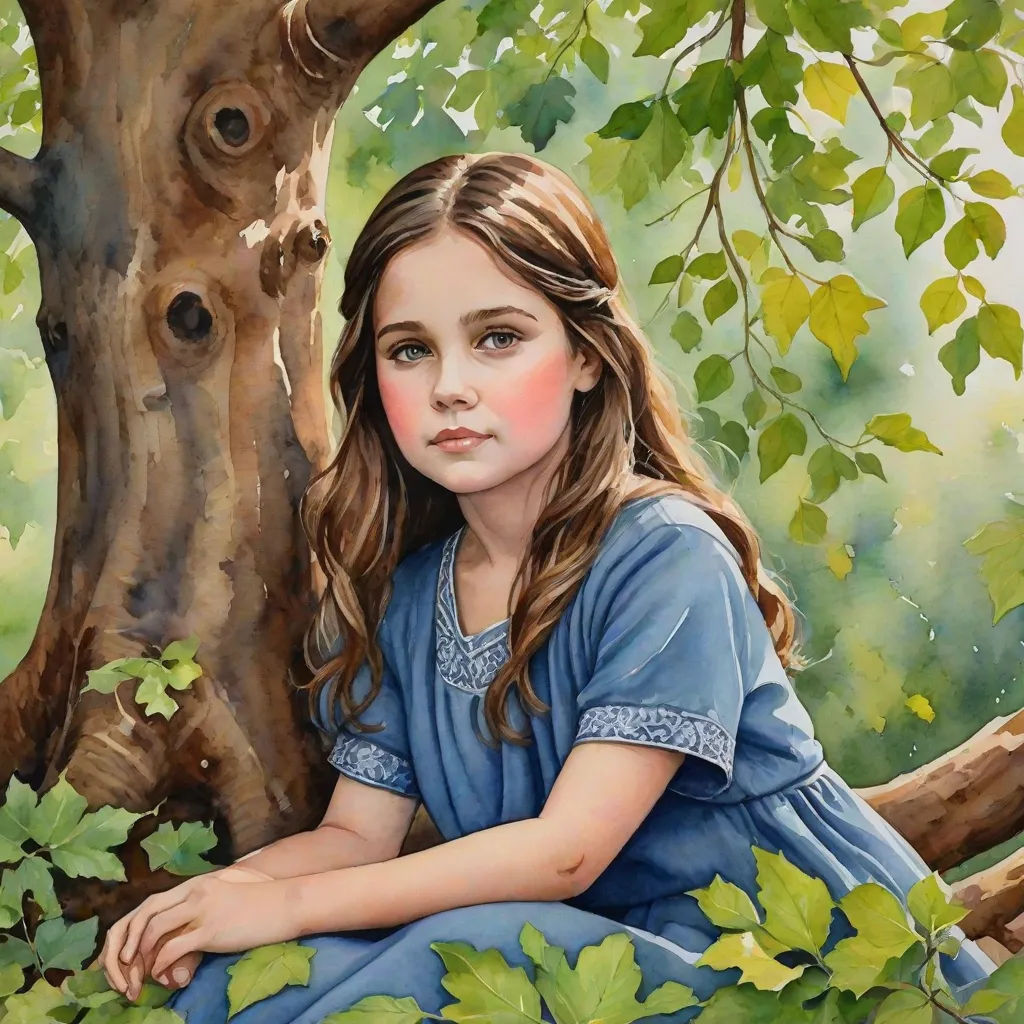 a painting of a girl sitting on a tree branch in a blue dress and a green background with leaves, figurative art, a photorealistic painting, Carol Sutton, detailed painting