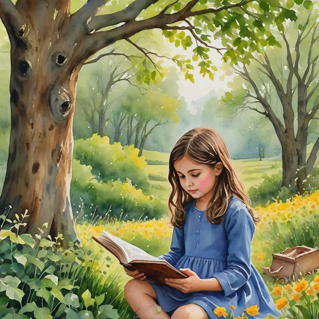 a painting of a girl reading a book in a field of flowers and trees with a beehive in the background, fantasy art, a storybook illustration, Bob Byerley, storybook illustration