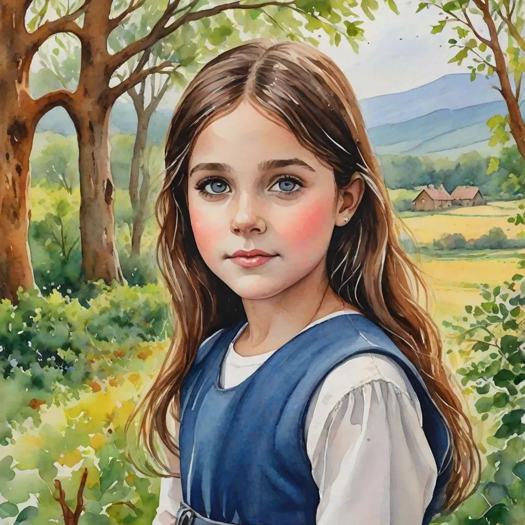 a painting of a girl in a blue dress standing in a field with trees and a house in the background, figurative art, an oil on canvas painting, Bob Byerley, highly detailed oil painting