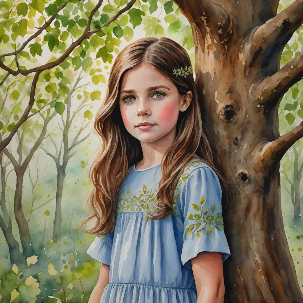 a painting of a girl standing next to a tree in a forest with green leaves on it's branches, figurative art, a detailed painting, Carol Sutton, highly detailed oil painting