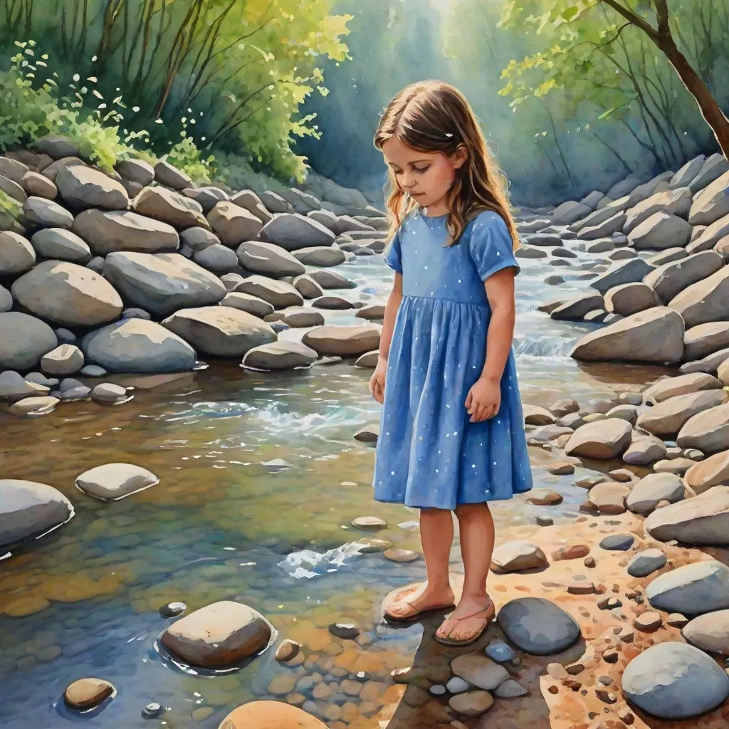 a painting of a girl standing on a rock in a stream of water with rocks and trees in the background, figurative art, a photorealistic painting, Carol Sutton, highly detailed oil painting