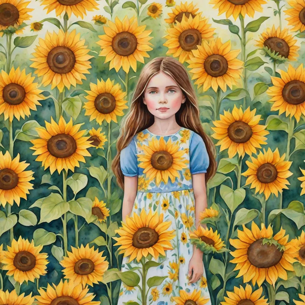 a painting of a girl standing in a field of sunflowers with a blue shirt on and a blue shirt on, figurative art, an oil on canvas painting, Amanda Sage, in gouache detailed paintings