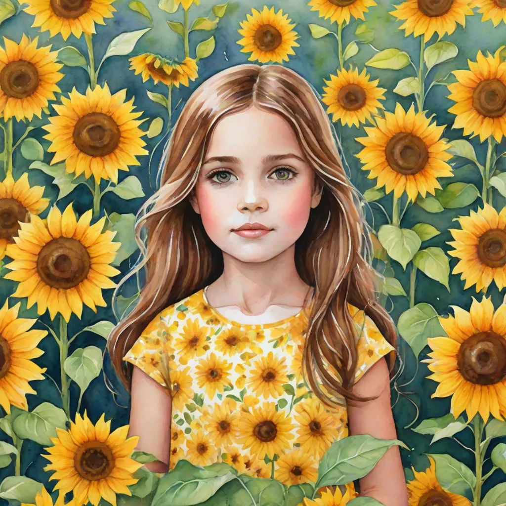 a painting of a girl in a field of sunflowers with a green background and a yellow dress, figurative art, a detailed painting, Aaron Jasinski, in gouache detailed paintings