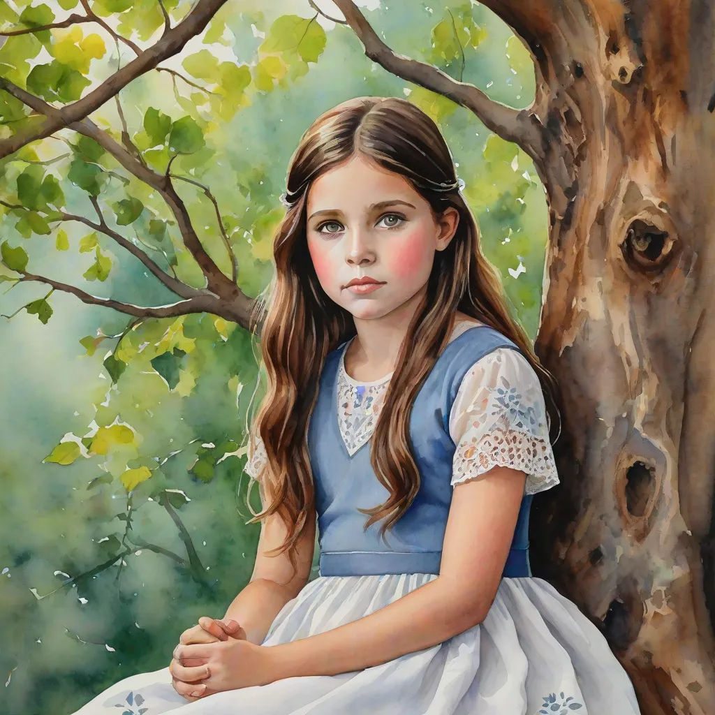 a painting of a girl sitting on a tree branch in a dress and a white dress with blue trim, figurative art, an oil on canvas painting, Carol Sutton, highly detailed oil painting