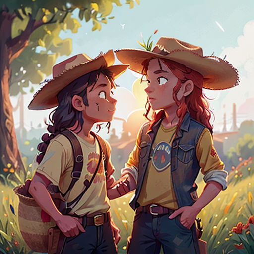 two people standing next to each other in a field of flowers and trees with a sun shining on them