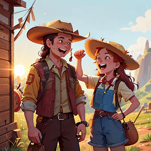 a man and woman in cowboy outfits standing next to a wooden cabin in a field with a mountain in the background