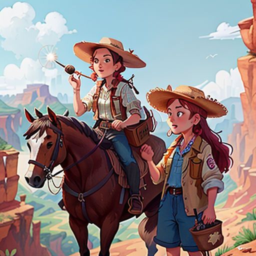 a couple of people that are on a horse in the dirt and some rocks and trees in the background