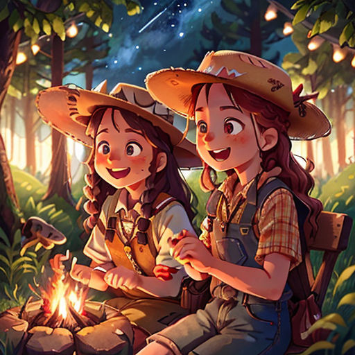 two children sitting on a log in the woods with a campfire in their hands and a flashlight in their hand