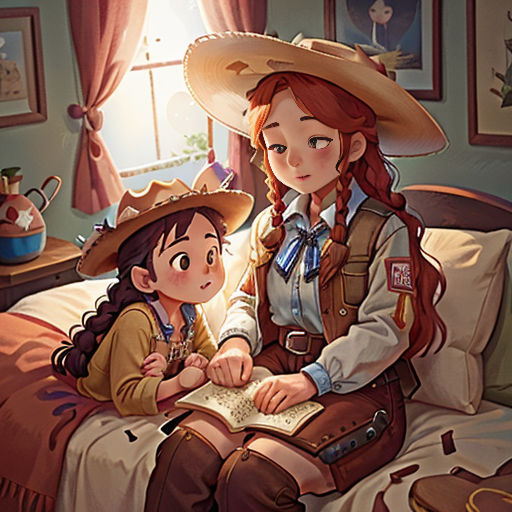 a woman and a child sitting on a bed in a room with a window and a book in front of them