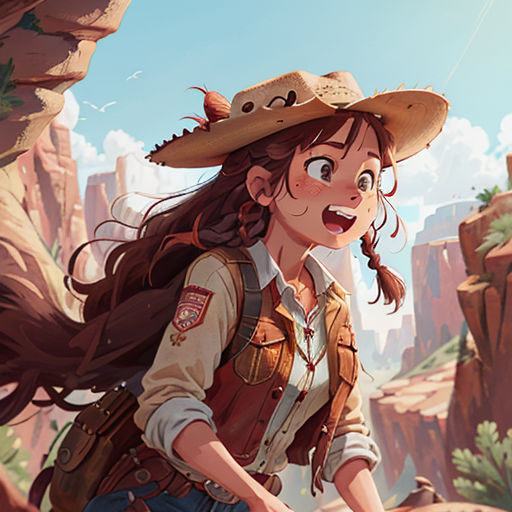 a girl with a hat and a backpack on a mountain side with a sky background and a canyon in the background