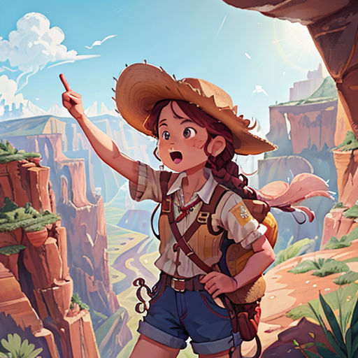 a girl in a hat pointing at the sky in a canyon with a cliff in the background and a canyon in the foreground