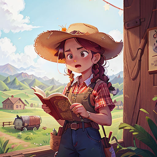 a girl in a cowboy hat is reading a book in a rural setting with a cowgirl in the background