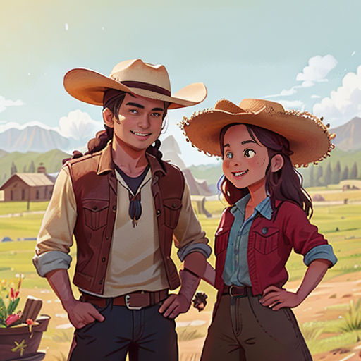 a man and a woman in cowboy outfits standing next to each other in a field with mountains in the background