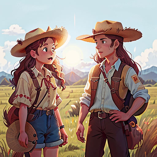 two people standing in a field with a sky background and grass and mountains in the background, one of them wearing a cowboy hat