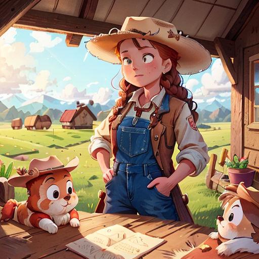 a girl in a cowboy hat standing next to a table with a cat and a dog on it and a book