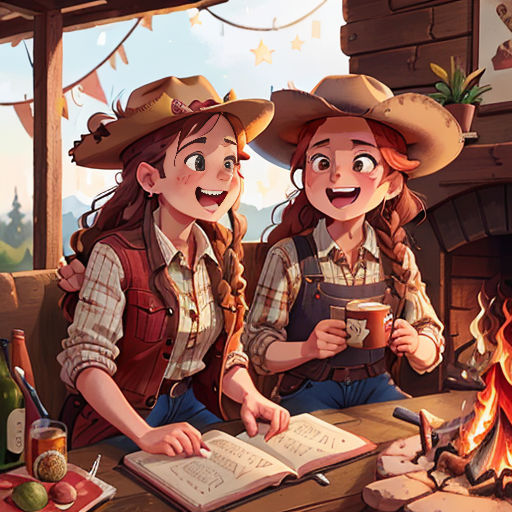 two girls are sitting by a fire and reading books and drinking coffee while drinking tea or coffee while wearing cowboy hats