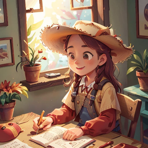 a girl in a cowboy hat writing on a desk with a potted plant in the background and a window