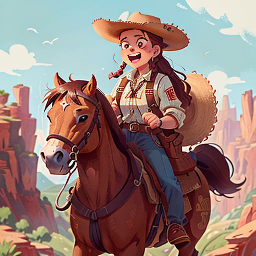 a cartoon of a girl riding a horse in a canyon with a cowboy hat on her head and a canyon in the background