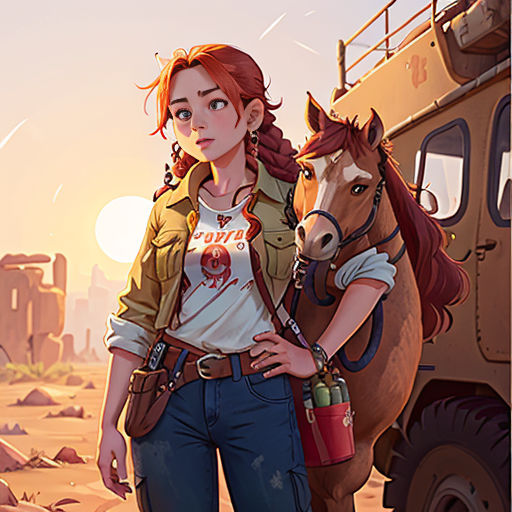 a woman standing next to a horse in a desert area with a truck in the background and a sunset in the background