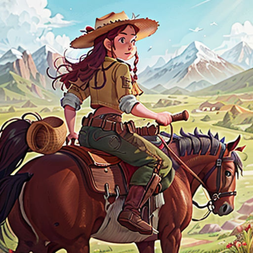 a woman riding on the back of a brown horse in a field of grass and mountains with a sky background