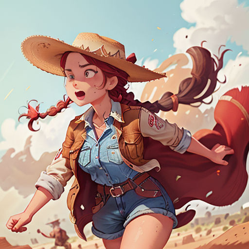 a woman in a cowboy hat running through a desert area with a red cowgirl on her back and a red cowgirl on her shoulder