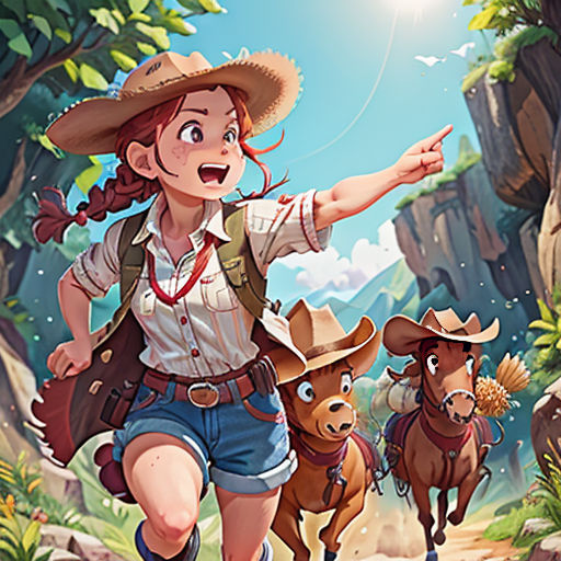 a girl in a cowboy hat is running with two horses in the woods and a man in a hat is pointing