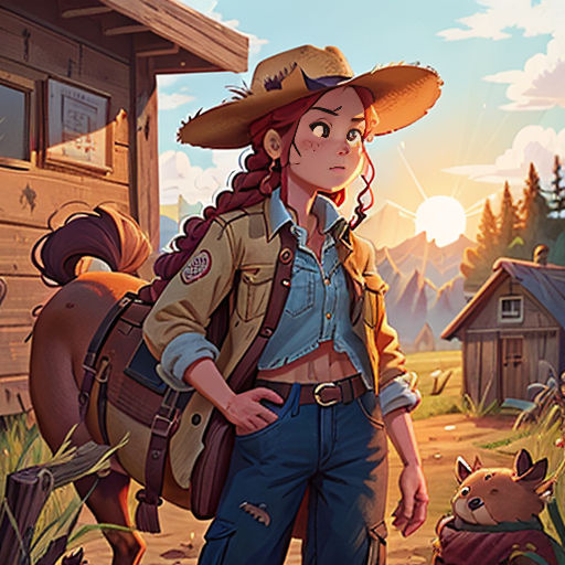 a woman in a cowboy hat standing next to a horse and a dog in a field with a cabin in the background